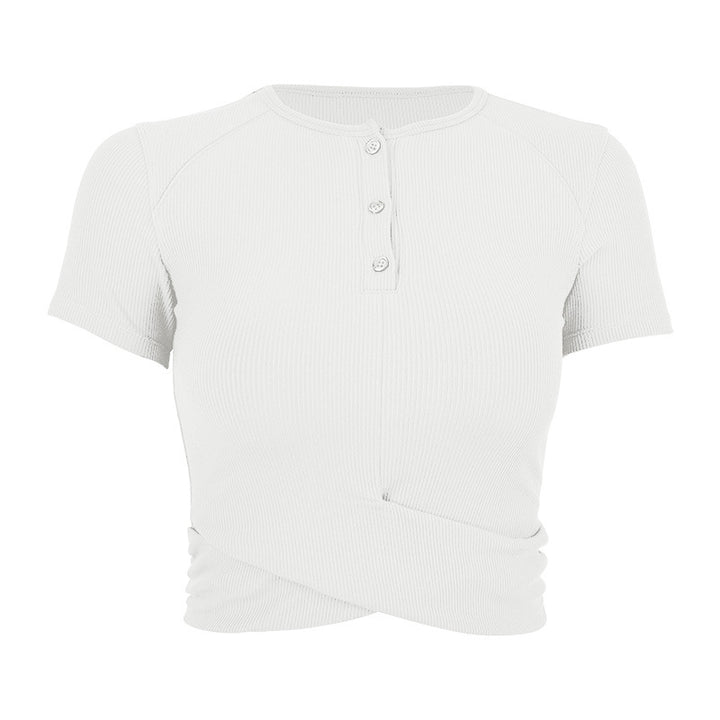 Dame moderigtigt kortærmet Henley-top med elastisk ribdesign Stilla