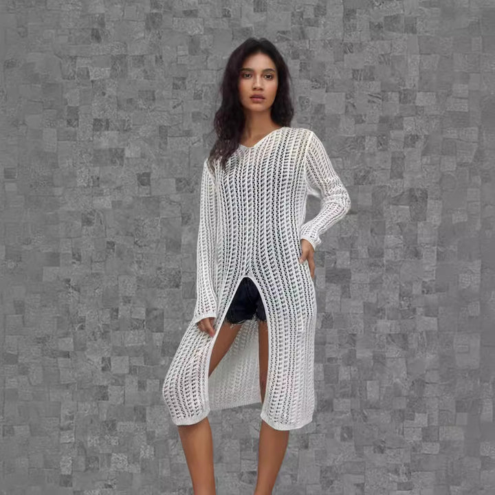 Damer lang sweater med sofistikeret netdesign Stilla