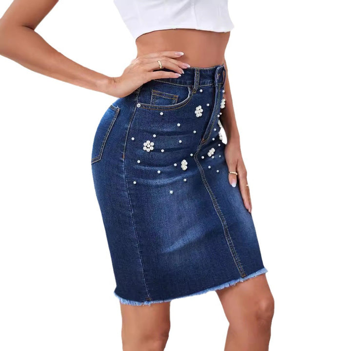 Dame Denim Blyantskørt med stilfulde perleaccent og frynset kant Stilla