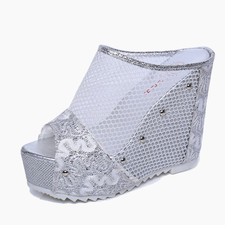 Dame Wedge-sandaler med elegant netdesign og funklende applikationer Stilla