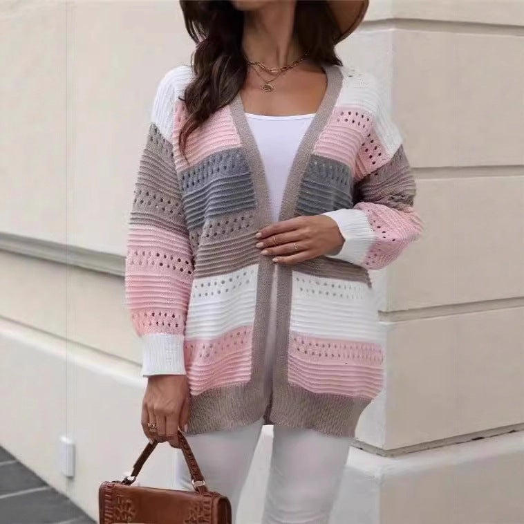 Kvinders stor strikket cardigan med unikt blonder mønster og farveblok design Stilla