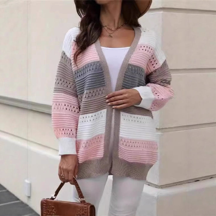 Kvinders stor strikket cardigan med unikt blonder mønster og farveblok design Stilla