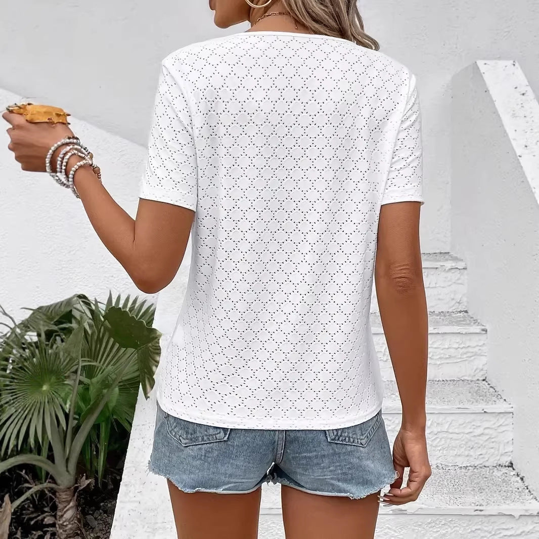Damer V-hals Kortærmet Shirt med struktureret Design Skovae