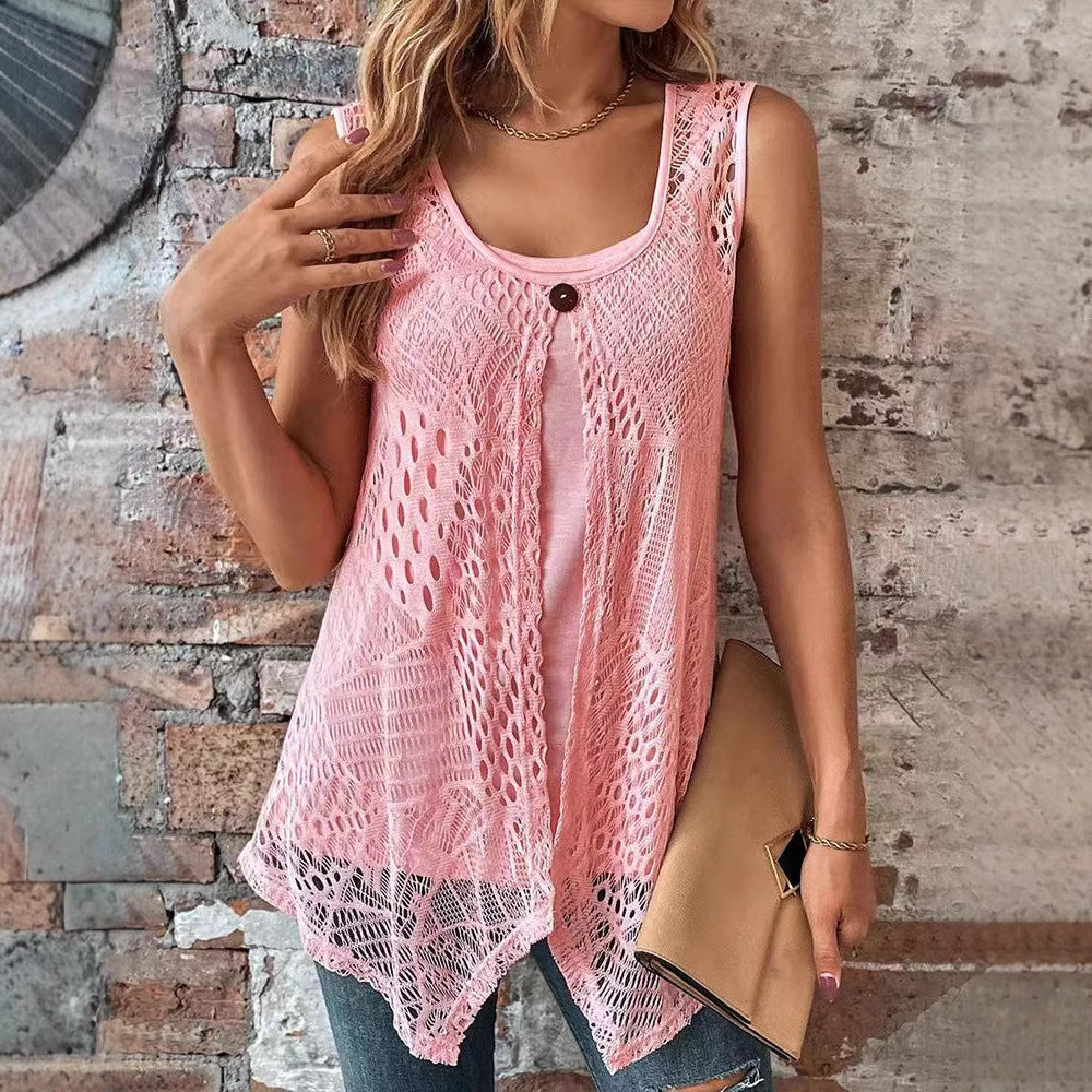 Damer med hæklede A-linje top med asymmetrisk spids kant og integreret jersey undertop Skovae
