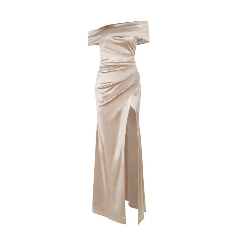 Dame Elegant Satin Aftenkjole med asymmetrisk Strop og høj Slids Skovae