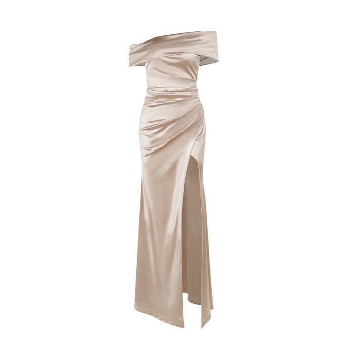 Dame Elegant Satin Aftenkjole med asymmetrisk Strop og høj Slids Skovae