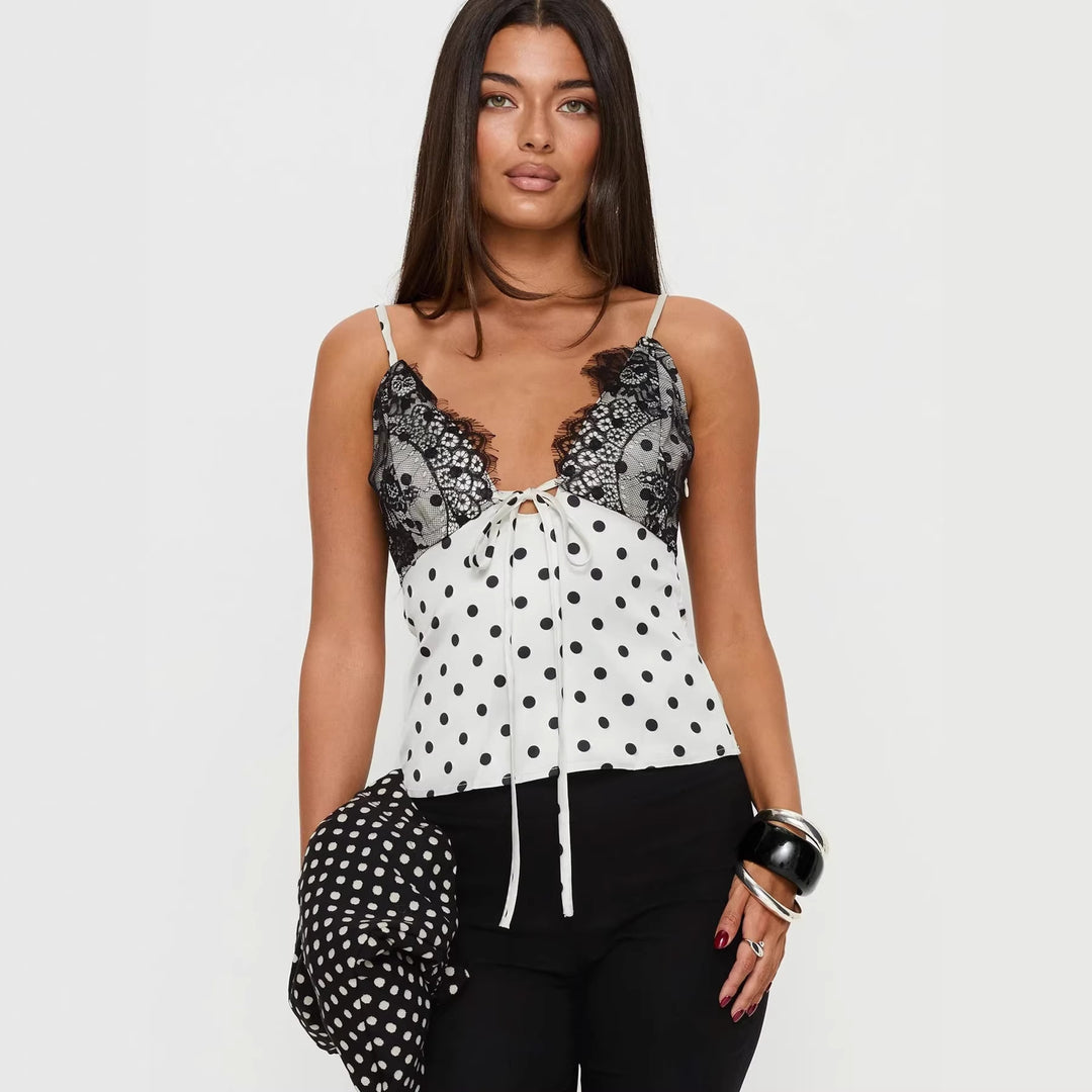 Dame Leger elegant spaghetti strap top med blonder og prikkemønster Skovae