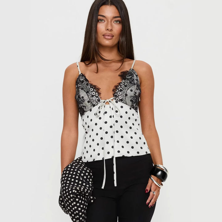 Dame Leger elegant spaghetti strap top med blonder og prikkemønster Skovae