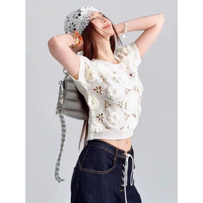 Dame Stor Hæklet Crop-Top med Blomstermotiv Stilla