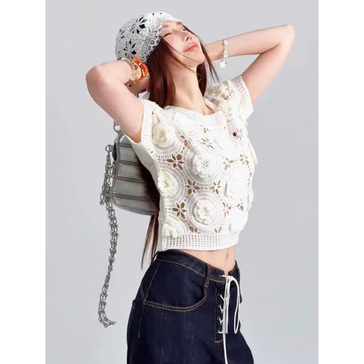 Dame Stor Hæklet Crop-Top med Blomstermotiv Stilla