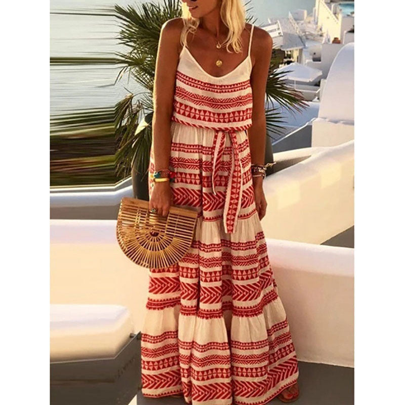 Dame Boho Maxikjole med justerbare stropper og taljebælte Stilla