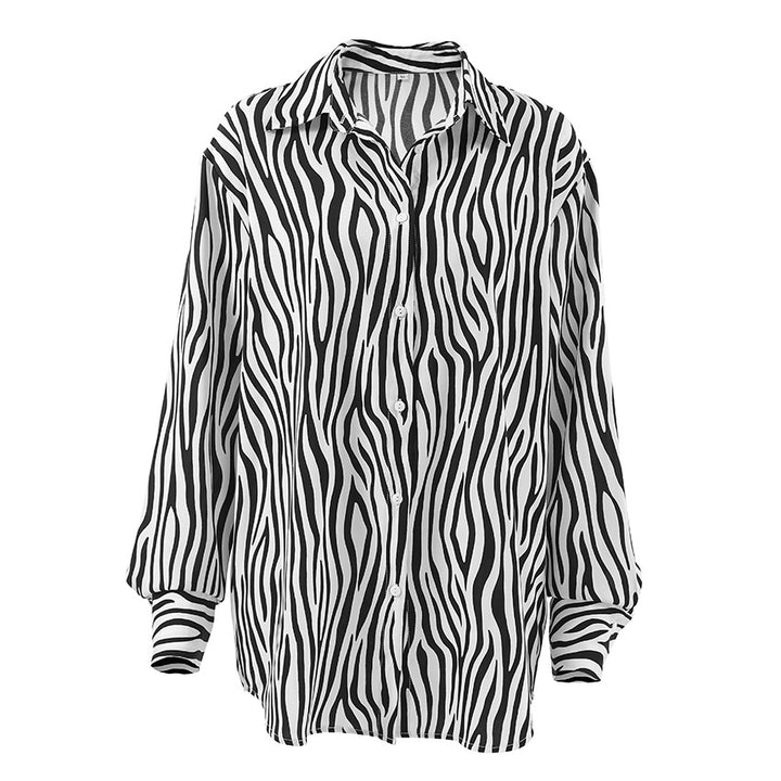 Dame Oversized Skjorte bluse i Zebra-mønster med elegant Krave og moderne accenter Stilla