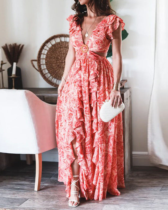 Kvindernes Boho Maxi Kjole med Legende Volanter og Glitrende Belte
