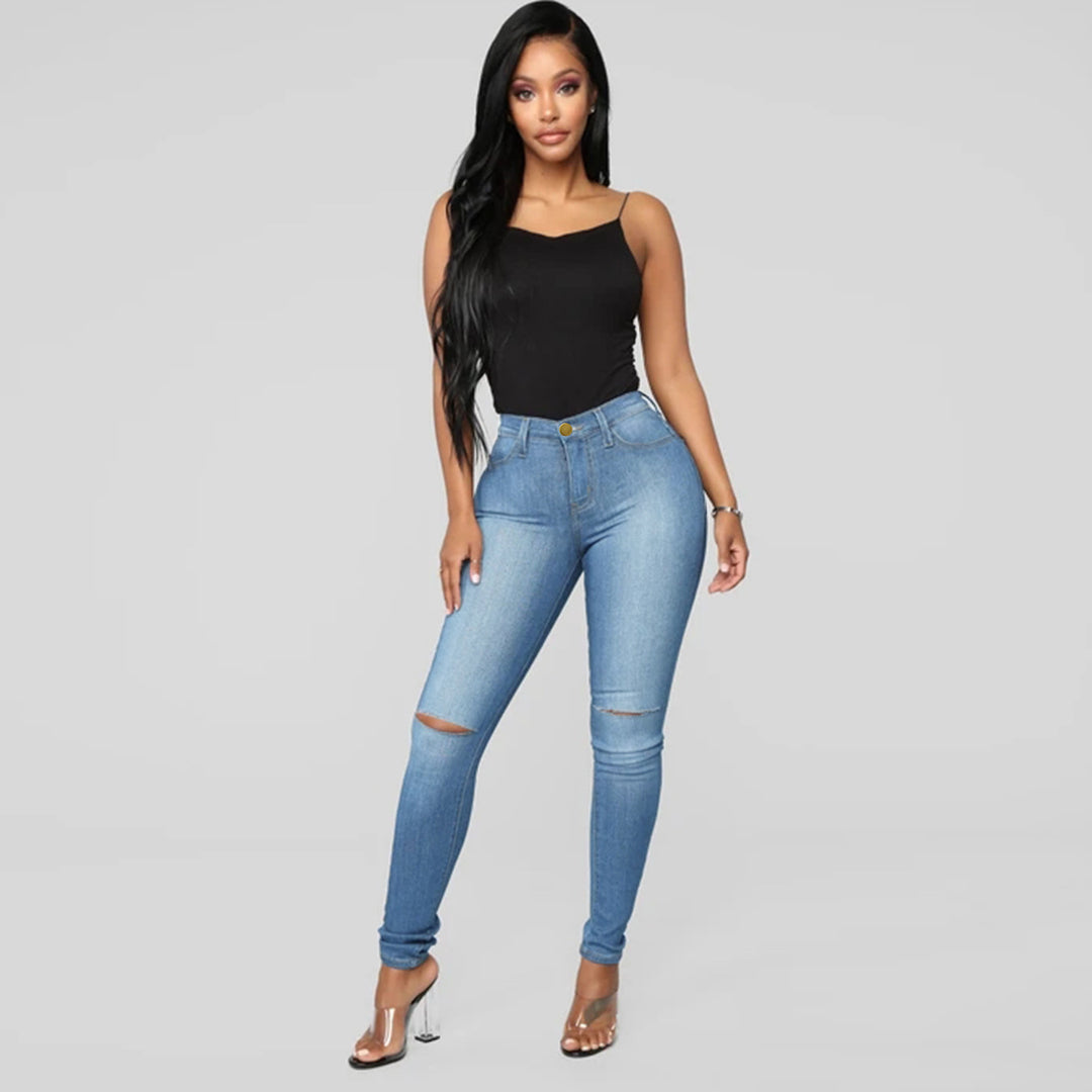 Damehøj talje skinny jeans med destroyed detaljer og stræk komfort Stilla
