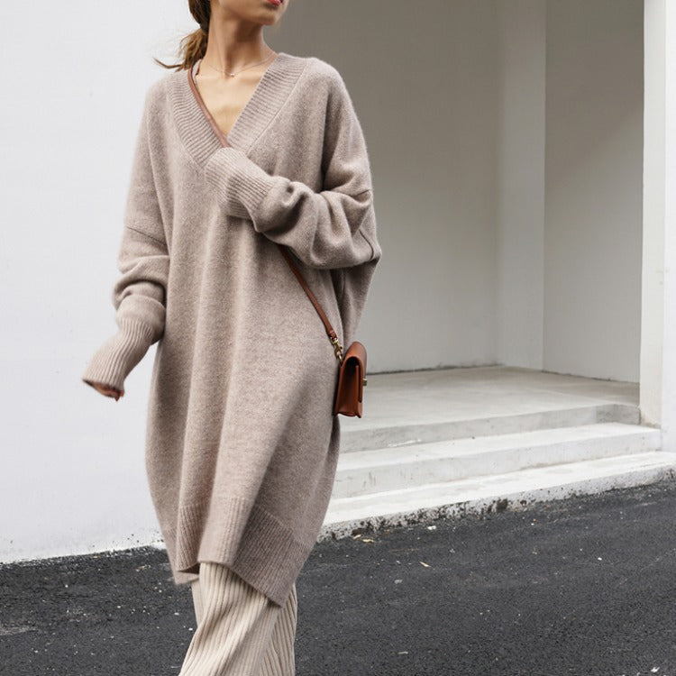 Femme Oversized V-Udskæring Strik Tunika Sweatshirt Stilla