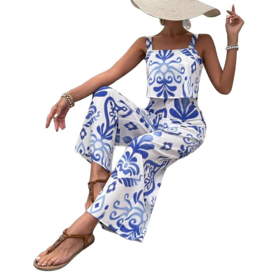 Dame Bohemian Trykt Crop Top og Bred Bukser Sæt Stilla