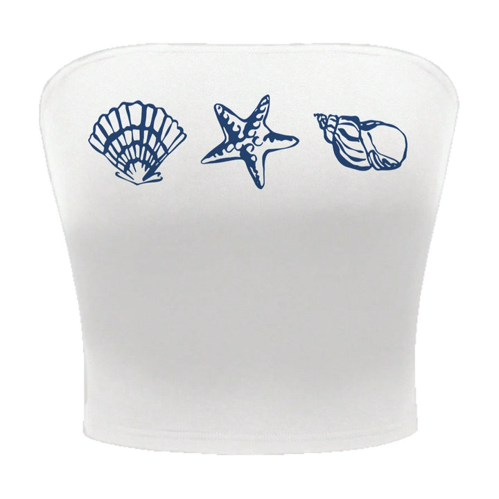 Dame bandeau-top i maritimt design med muslingformede motiver Skovae