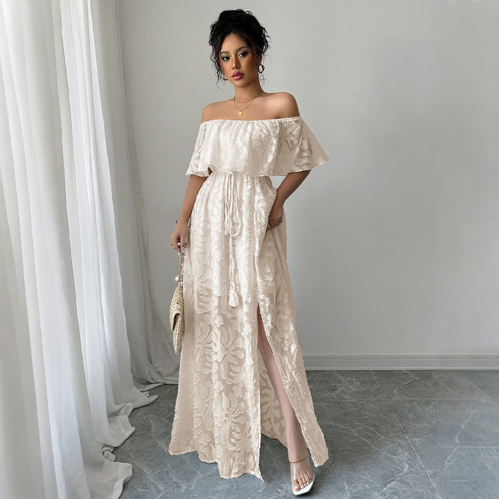 Dame Maxikjole med skulderfri design og floral jacquard Stilla