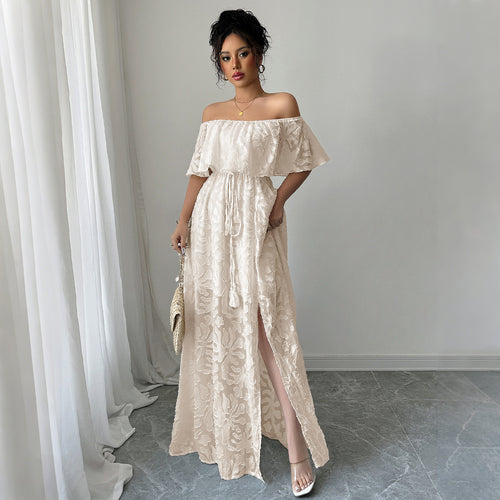 Dame Maxikjole med skulderfri design og floral jacquard Stilla