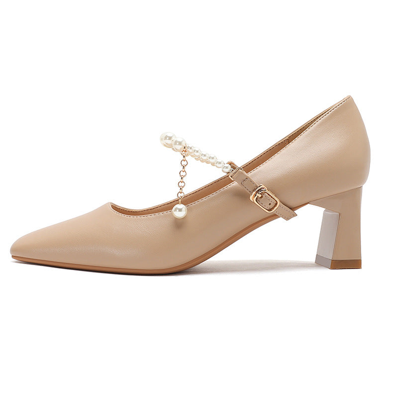 Femme Elegante Chunky-hæls-Mary-Jane-sko med perle-detalje Stilla