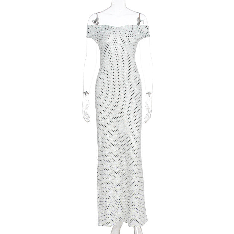 Dame Elegant Maxikjole med skulderfri design og pletmønster Skovae
