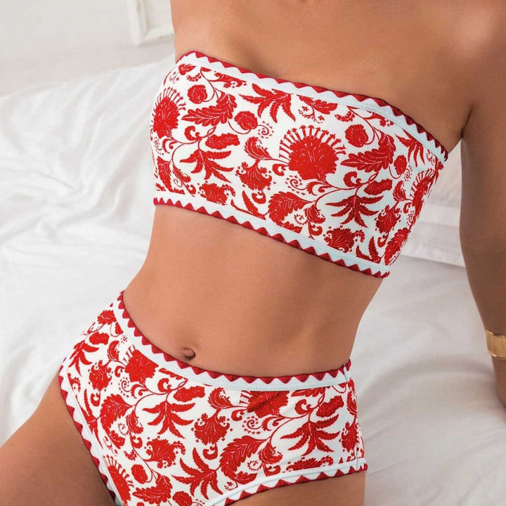 Dame Bandeau-bikini-sæt med farverigt blomstermønster og elastisk bælte Skovae