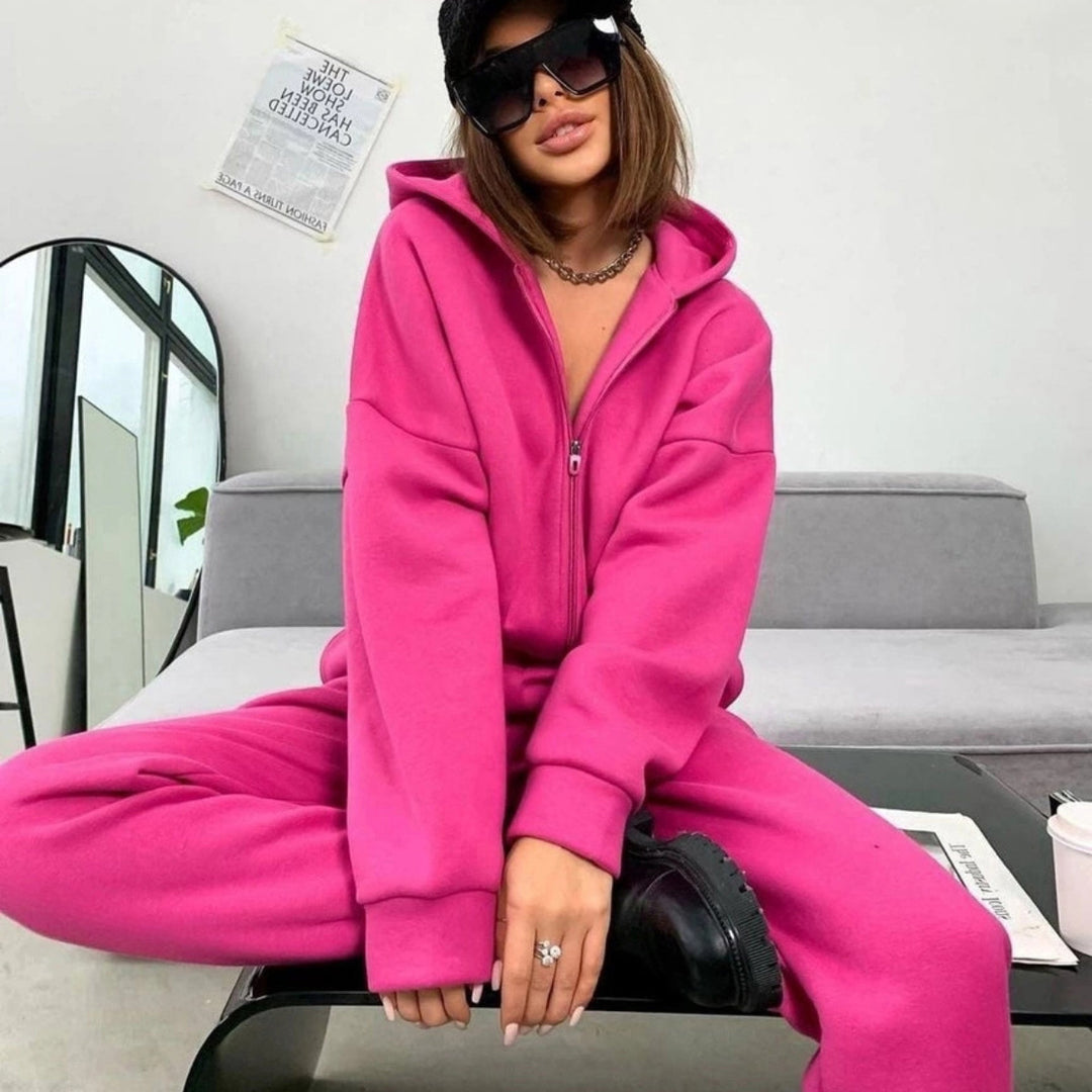 Kvinders sporty fleece jumpsuit med hætte og lynlås Skovae