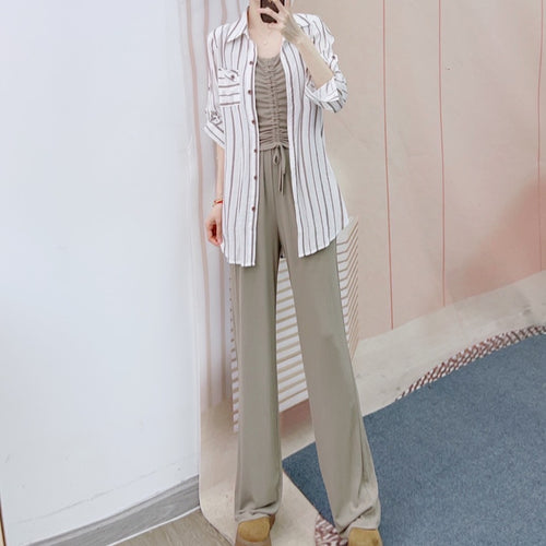 Damer Løst skåret lang bluse med stribet design og linned-blanding Stilla