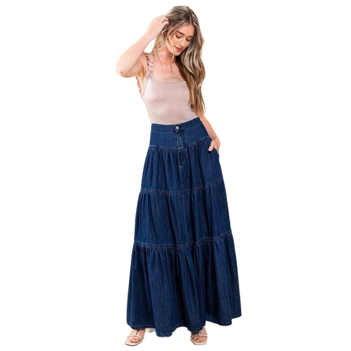 Dame Denim Maxikjole i Boho-stil med volumniøst skørt og flæser Stilla