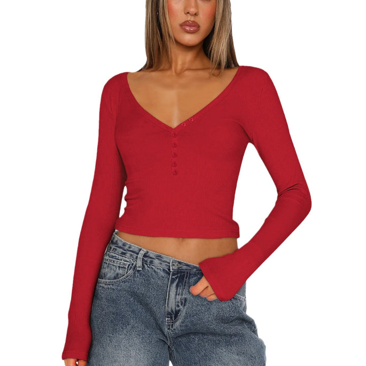 Dame Langærmet Crop-Top med V-udskæring og knapliste Stilla