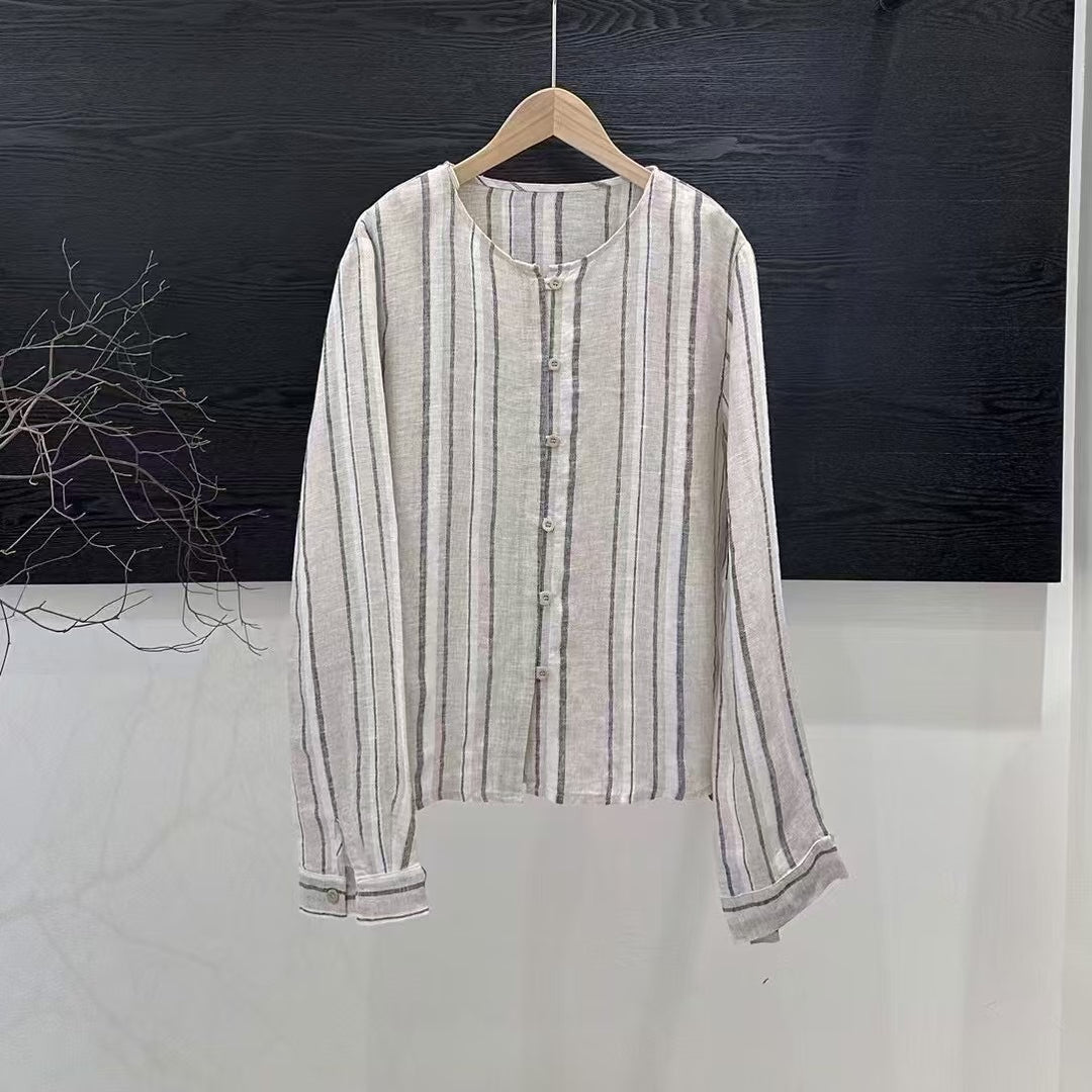 Femme Stribet Linned Knap-Down Bluse Stilla