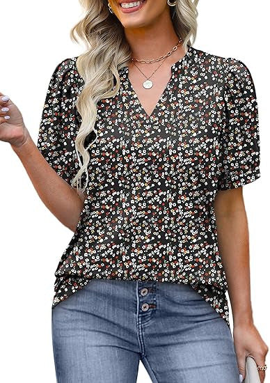 Damebluse med V-hals og puffærmer Stilla