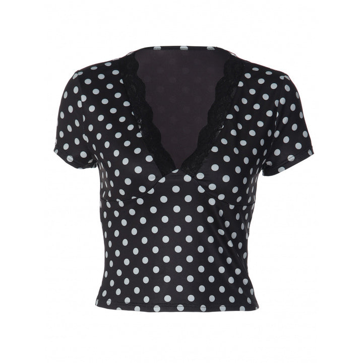 Damen Polka-Dot Top mit Spitzenakzenten und taillierter Passform Skovae