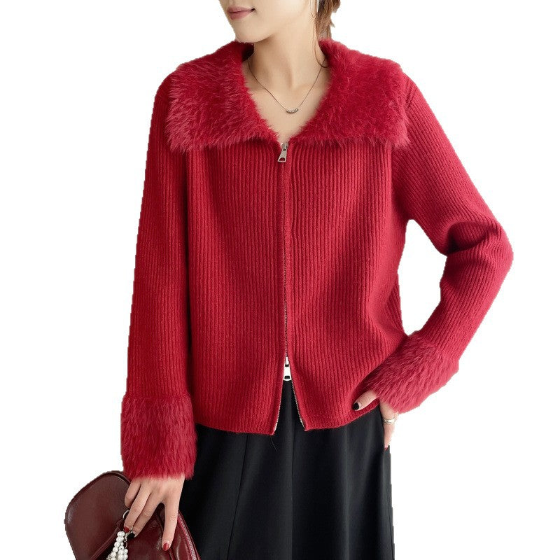 Kvinders cardigan med luksuriøs faux fur krave og ribbet tekstur Stilla