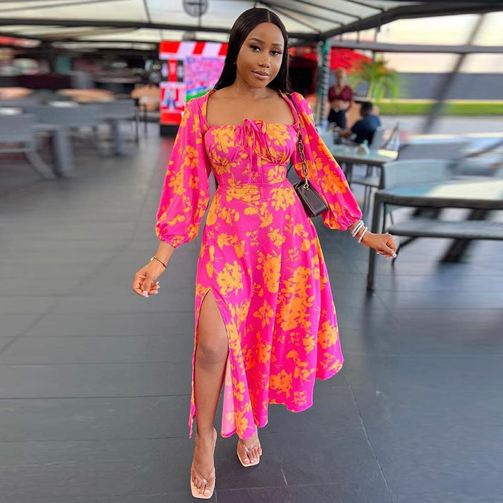 Dame Floral Print Pensel Maxi Kjole med Puffærmer Stilla