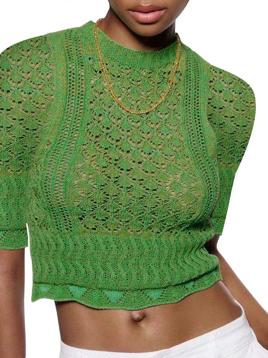Dame Print Strikbluse med luftig netstruktur og moderigtig crop-snit Skovae