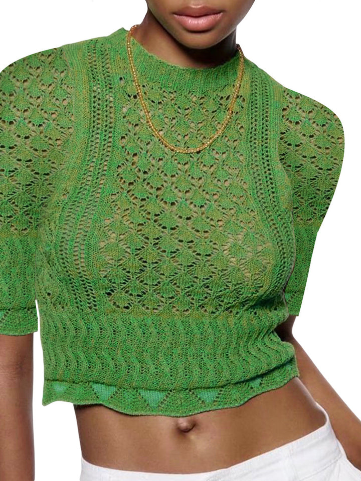 Dame Print Strikbluse med luftig netstruktur og moderigtig crop-snit Skovae