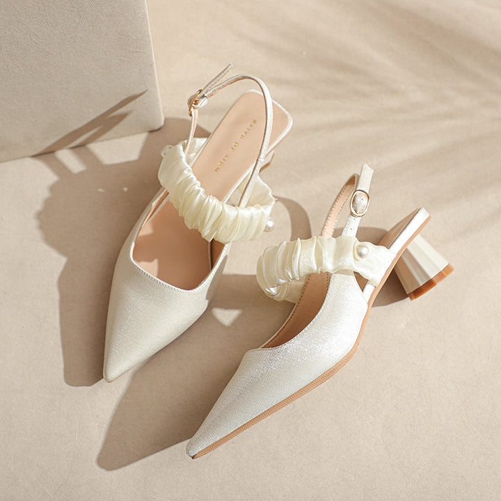 Kvinder Chic Spidse Tå Slingback Hæle med dekorativ Satin Flæse Stilla