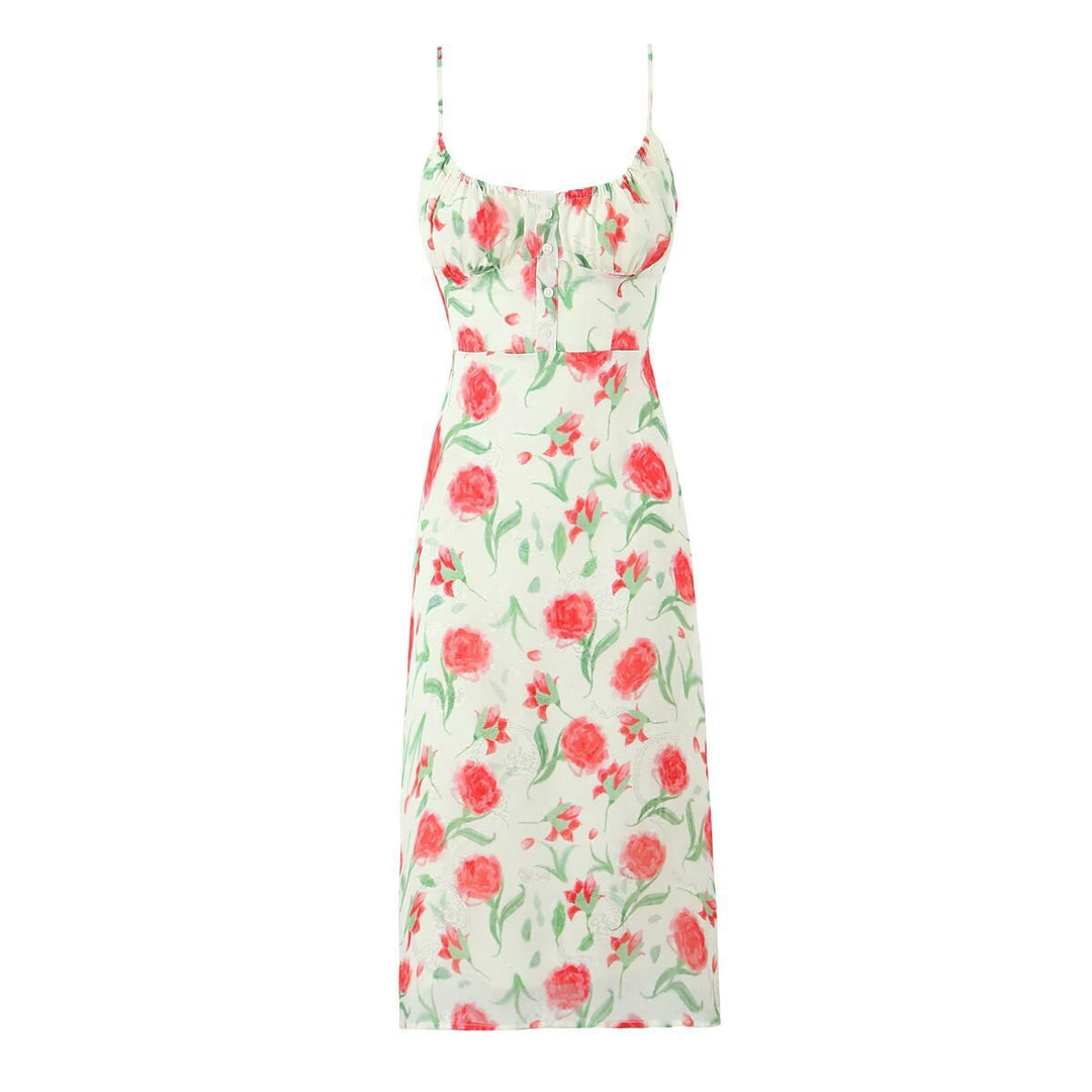 Dame Floral Print Midi Kjole med justerbare Spaghetti-stropper Stilla
