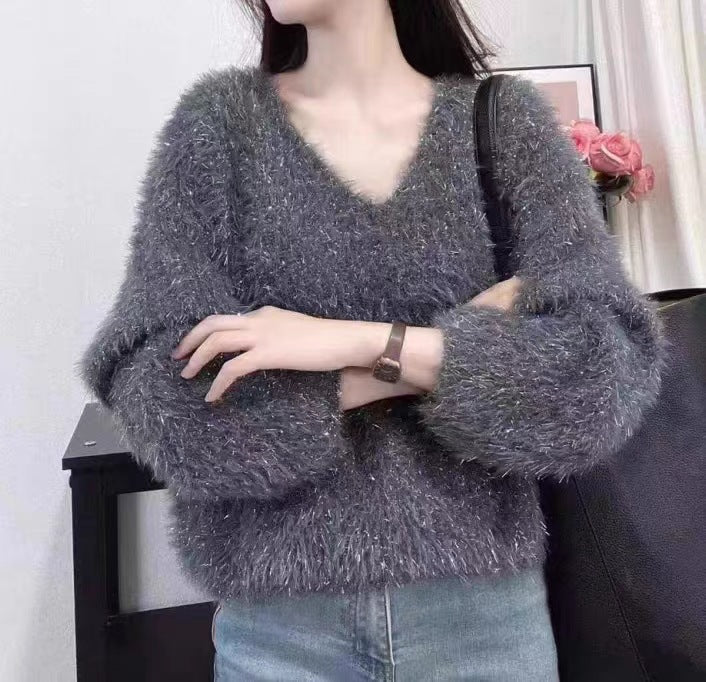 Femme V-hals Strukturstrik Pullover Sweater Stilla
