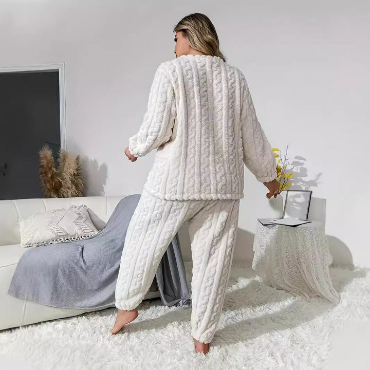 Dame strik-loungewear sæt med kabelmønster og elastisk bund Stilla