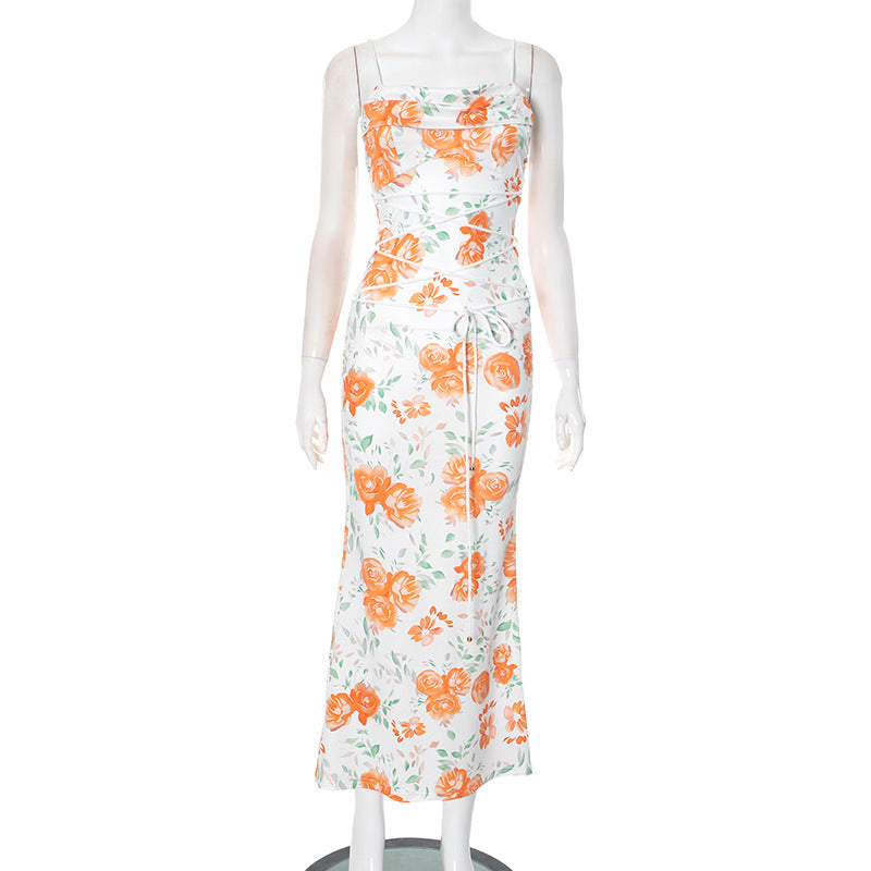 Dame Cowl-Neck Maxikjole med florale Bindebånd Stilla