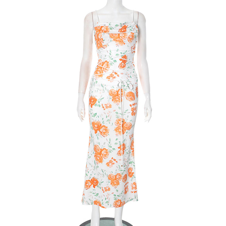 Dame Cowl-Neck Maxikjole med florale Bindebånd Stilla