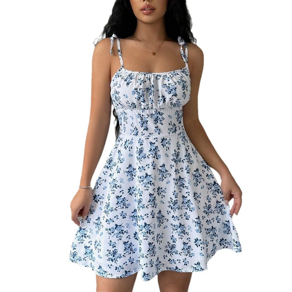 Damer sommer mini kjole med blomster mønstre og brede stropper Stilla