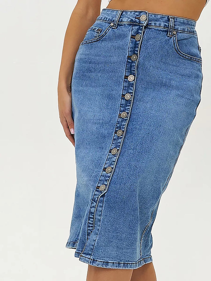 Dame Denim-Midi nederdel med knaplukning og høj talje Stilla