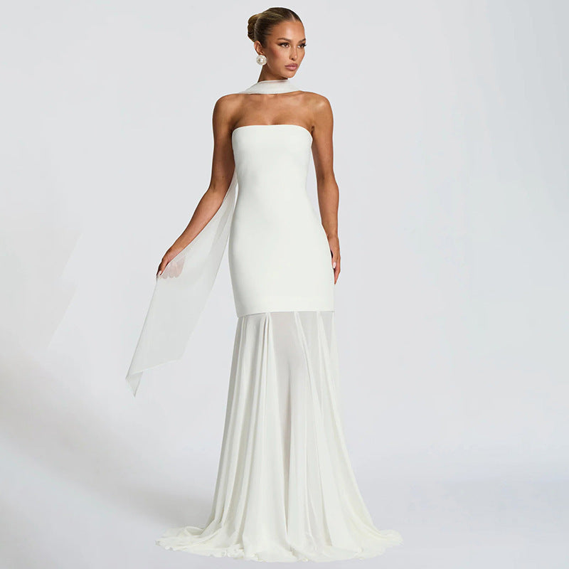 Damer Elegant aften kjole med transparente draperinger Skovae