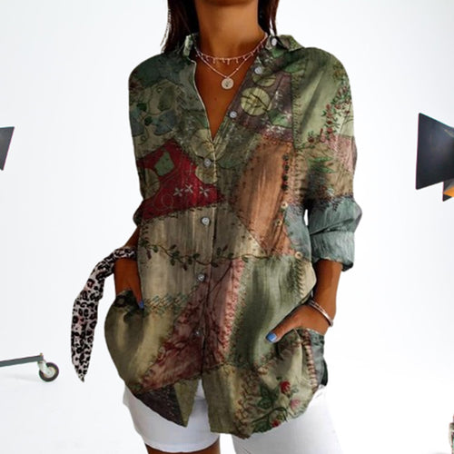 Dame Casual Skjortebluse med kreativt Patchwork-design Stilla