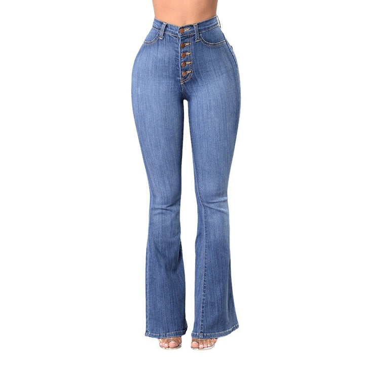 Kvindernes Høj Talje Flared Jeans med Dekorative Knapper Stilla
