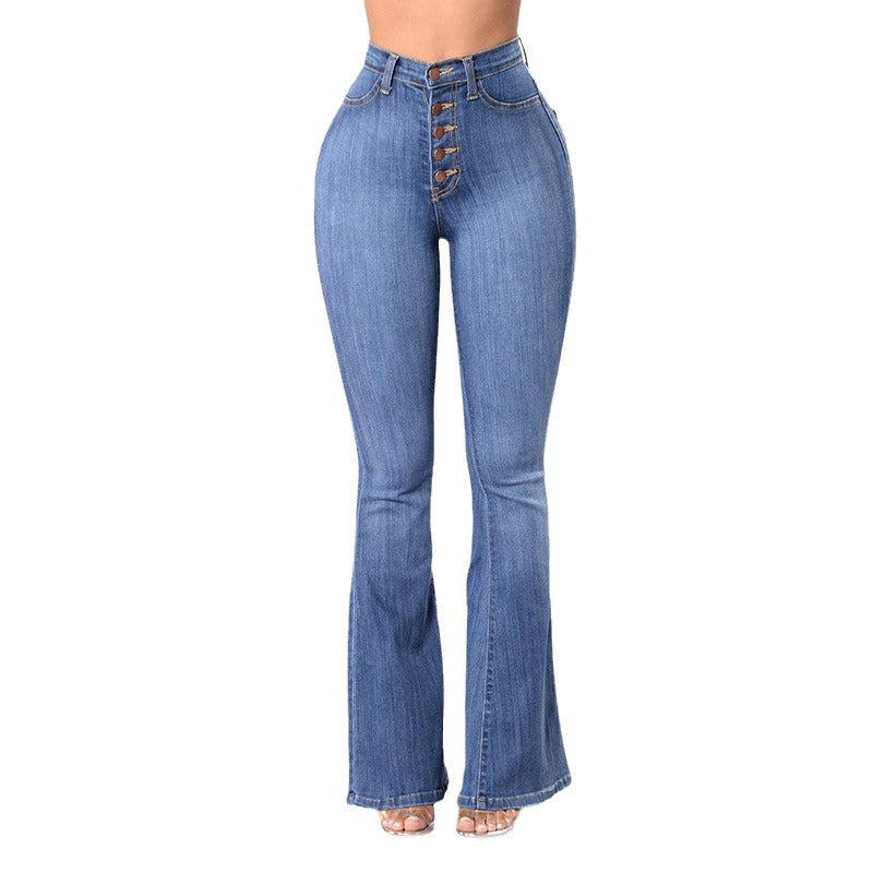 Kvinder højkvalitets udvidede jeans med dekorative knapdetaljer og elastisk bånd Skovae