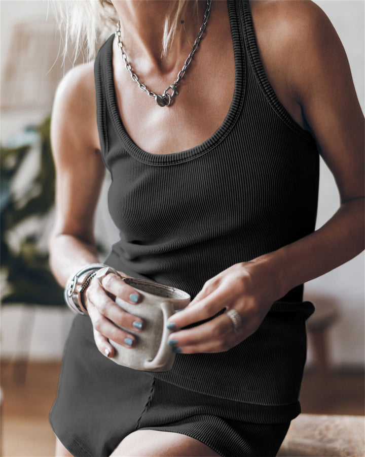 Dame Sporty Rib Sæt med afslappet Overdel og Shorts Stilla